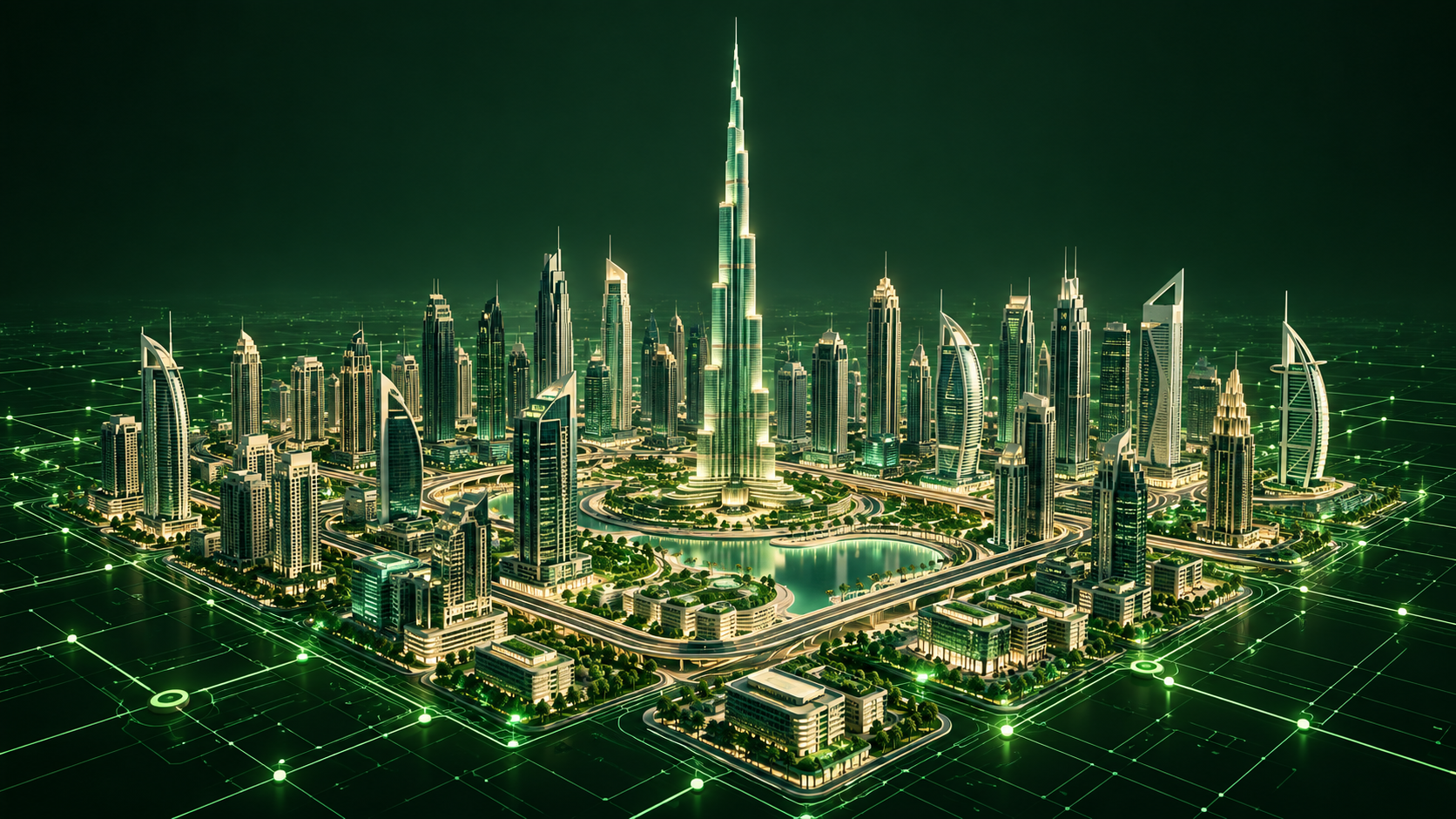 Conceptual Dubai / UAE skyline connected by green digital infrastructure