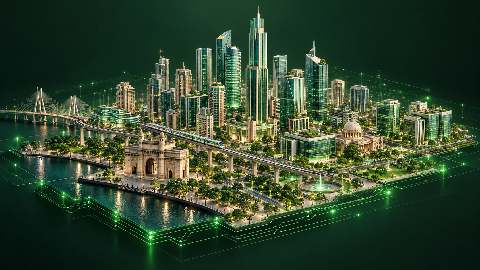 Conceptual India skyline connected by green digital infrastructure