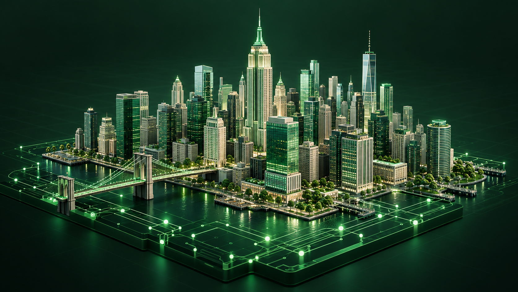 Conceptual United States skyline connected by green digital infrastructure